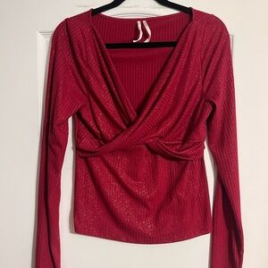 Anthropologie Red Shimmer Wrap Top